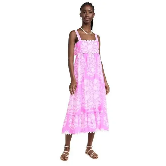 Juliet Dunn Square Neck Palladio Print Cotton Midi Dress Pink White Orchid - Picture 1 of 11